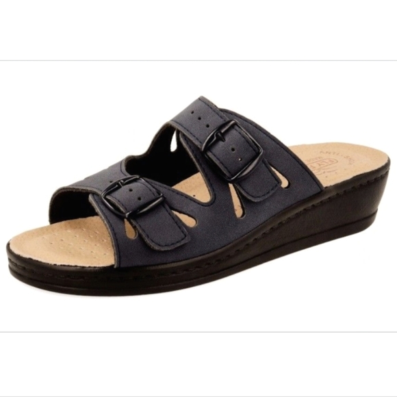 Fly Flot Shoes - Fly Flot Black Genuine Leather Buckle Slide Sandals Size 40/8